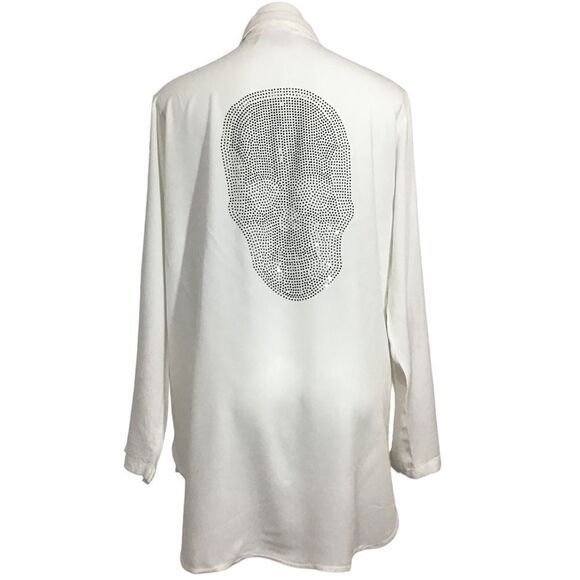 Free For Humanity White Satin Long Sleeve Skull Embellished Button Down Top Size - Picture 3 of 9